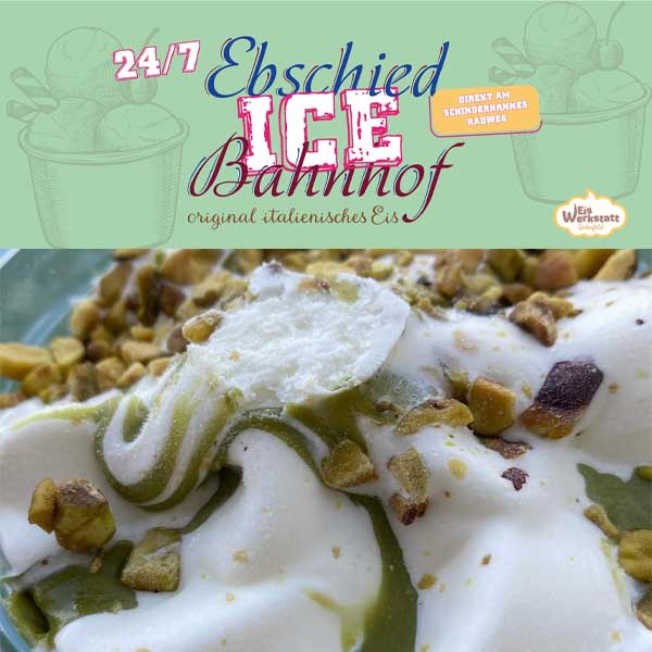 Logo Ebschied ICE Bahnhof – original italienisches Eis mit Nahaufnahme von Softeis mit Pistazien.